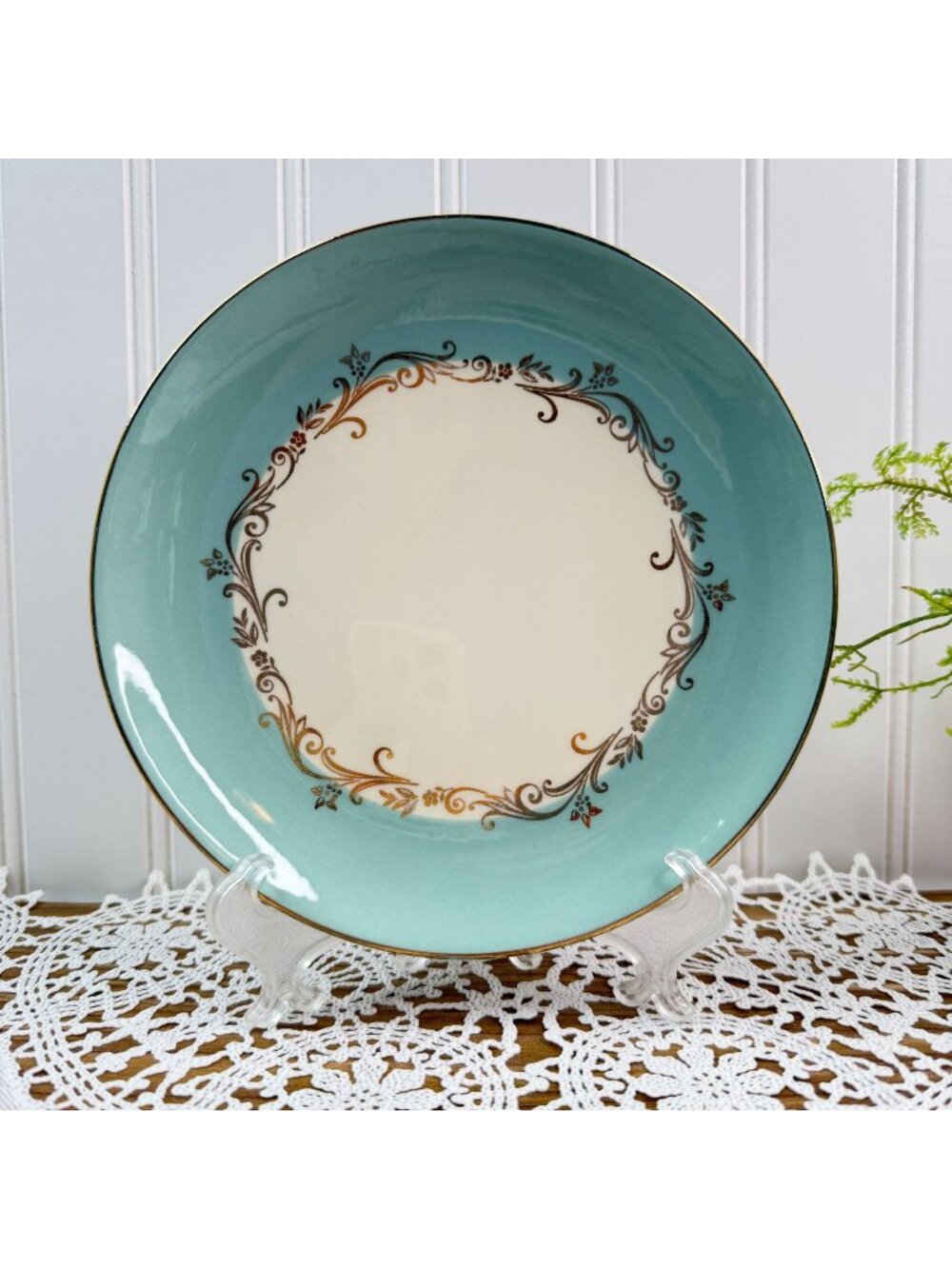 Vintage Lifetime China Set of 4 Gold Crown 7" Salad Plates Teal Grandma Core MCM